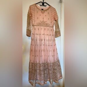 3 Piece Pink Pakistani Maxi Dress With Gold Embroidery